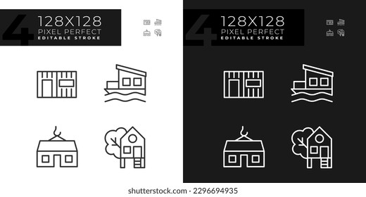 Compact houses pixel perfect linear icons set for dark, light mode. Modular, container homes. Treehouse for recreation. Thin line symbols for night, day theme. Isolated illustrations. Editable stroke