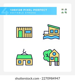 Compact houses pixel perfect RGB color icons set. Modular and container homes. Treehouse for recreation. Isolated vector illustrations. Simple filled line drawings collection. Editable stroke