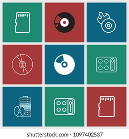 Compact icon. collection of 9 compact filled and outline icons such as cd, eyeshadow palette, disc flame, memory card. editable compact icons for web and mobile.