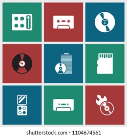 Compact icon. collection of 9 compact filled icons such as eyeshadow palette, disc flame, cassette, memory card, cd. editable compact icons for web and mobile.