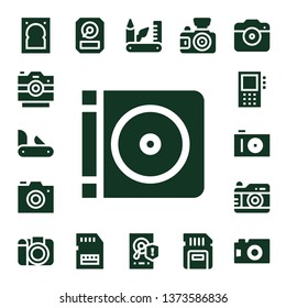 compact icon set. 17 filled compact icons.  Simple modern icons about  - Hard drive, Photo camera, Penknife, Dvd, Dictaphone, Hdd, Sd card, Swiss army knife, Hard disk