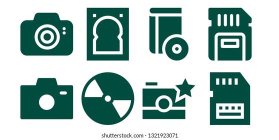 compact icon set. 8 filled compact icons.  Simple modern icons about  - Photo camera, Compact disc, Hard drive, Cd, Sd card