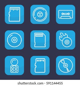compact icon. Set of 9 outline compact icons such as eyeshadow palette, disc flame, CD, cassette, memory card