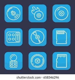Compact icon. set of 9 outline compact icons such as eyeshadow palette, disc flame, cd, memory card