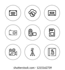 Compact icon set. collection of 9 outline compact icons with cassette, compact disc, cd, camera, memory card icons. editable icons.