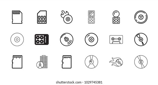 Compact icons. set of 18 editable outline compact icons: eyeshadow palette, disc, disc flame, cd, memory card