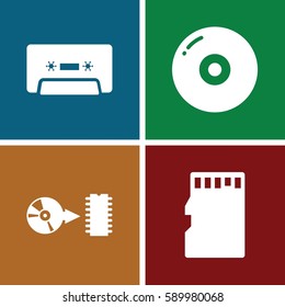 compact icons set. Set of 4 compact filled icons such as cassette, disc