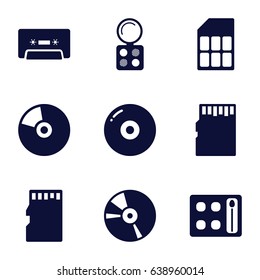 Compact icons set. set of 9 compact filled icons such as eyeshadow palette, cd, cassette, memory card