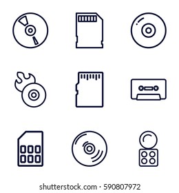 compact icons set. Set of 9 compact outline icons such as eyeshadow palette, disc flame, CD, cassette, memory card