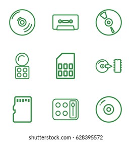 Compact icons set. set of 9 compact outline icons such as eyeshadow palette, CD, cassette, disc