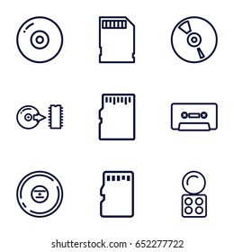 Compact icons set. set of 9 compact outline icons such as eyeshadow palette, cd, cassette, disc