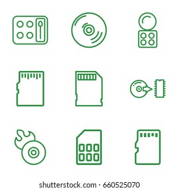 Compact icons set. set of 9 compact outline icons such as eyeshadow palette, disc flame, disc, memory card