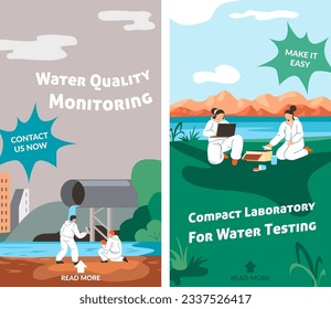 Compact laboratory for water testing, quality and statistics about liquids and chemicals. Make it easy, contact us now. Promotional banner and advertisement of specialists. Vector in flat style