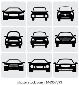 compact and luxury passenger car  icons ( signs ) front view- vector graphic. This illustration represents nine symbols of car's front side in black color against white background