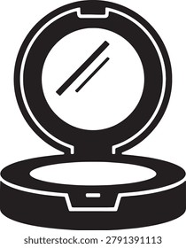 Compact makeup mirror powder cosmetic container open lid black silhouette icon isolated on transparent background for beauty salon graphic design element and professional use simple vector illustration.