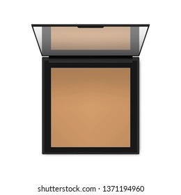 Compact make-up powder isolated on white background, realistic mockup illustration. Makeup product package. Open square cosmetic case with mirror - top view, vector template.