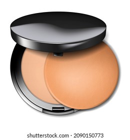Compact make-up powder open round container with cosmetic sponge, realistic vector illustration. Makeup product packaging top view