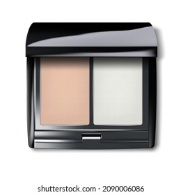 Compact make-up powder palette, realistic vector illustration. Makeup product package. Open square cosmetic case top view