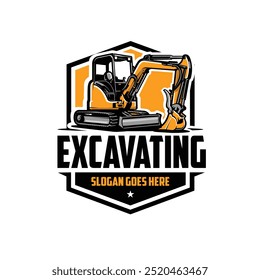 Compact Mini Excavator Ready Made Emblem Badge Logo Vector. Best for Excavating Company Logo Template