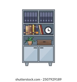 Compact office shelving unit with a mix of books, decorative items, and office supplies. Perfect for workspace and productivity-themed visuals