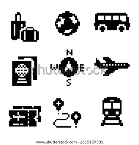 A compact pixel style icon set featuring essential travel and transportation elements.