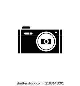 Compact pocket camera icon in black flat glyph, filled style isolated on white background