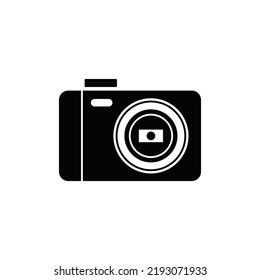 Compact pocket camera icon in black flat glyph, filled style isolated on white background