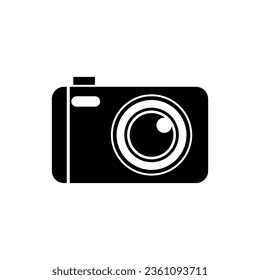 Compact pocket camera icon in black flat glyph, filled style isolated on white background