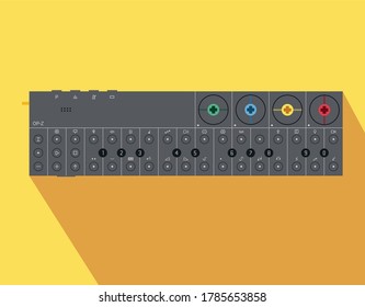 Compact pocket synthesizer. Portable DJ equipment. Vector illustration of equipment for electronic music. Picture to be applied to a T-shirt. A machine for a warm sound. Nightlife theme.