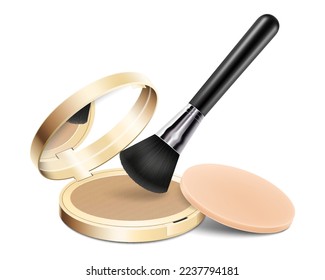 Compact powder with brush applicator and sponge. Round gold case with mirror. Cushion face foundation case. 3d vector realistic cosmetics isolated on white background. Mockup for branding and ads.