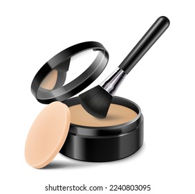 Compact powder with brush and sponge. Round black case with mirror. Cushion face foundation case. 3d vector realistic cosmetics isolated on white background. Mockup for branding and ads.