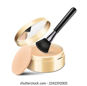 Polvo compacto con cepillo y esponja. Caja redonda de oro con espejo. Cushion face foundation case. 3 d cosméticos vectoriales realistas aislados en fondo blanco. Tragedia por publicidad y marca.