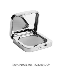 Compact powder case illustration in monochrome halftone style isolated on light background. Retro cosmetic makeup accessory with mirror and engraving texture.