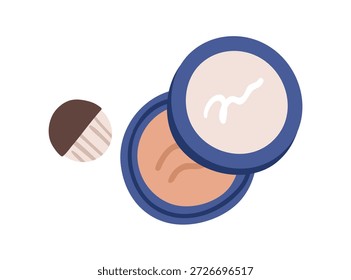 Compact powder case. Round makeup container with cosmetic, soft puff, sponge applicator. Face bronzer, highlighter in round case. Beauty product. Flat vector illustration isolated on white background
