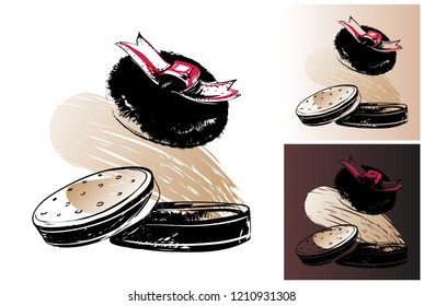 Compact powder puff. Professional makeup artist design kit with isolated elements on colors similar two white and black skin tone. Clip-art icon for branding, t-shirt print, promo ads.