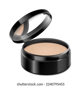 Compact powder in round black case with mirror. Cushion face foundation case. 3d vector realistic cosmetics isolated on white background. Mockup for branding and ads. Side view on opened plastic box.