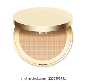 Compact powder in round gold case with mirror. Cushion face foundation case. 3d vector realistic cosmetics isolated on white background. Mockup for branding and ads. Top view on opened plastic box.