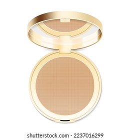 Compact powder in round gold case with mirror. Cushion face foundation case. 3d vector realistic cosmetics isolated on white background. Mockup for branding and ads. Top view on opened plastic box.