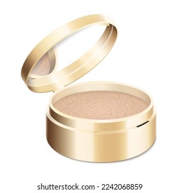 Polvo compacto en estuche dorado redondo con espejo. Cushion face foundation case. 3 d cosméticos vectoriales realistas aislados en fondo blanco. Tragedia por publicidad y marca. Vista lateral de la caja de plástico abierta.