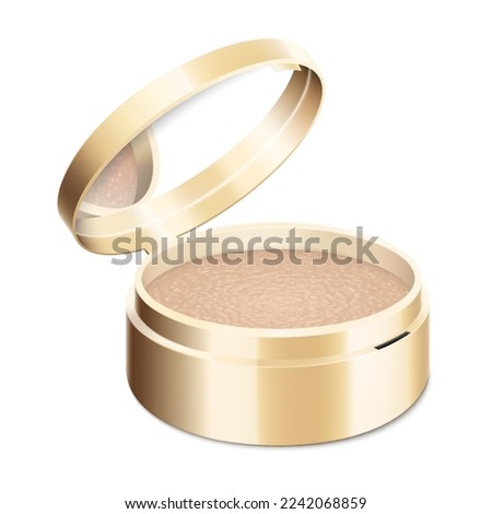 Compact powder in round gold case with mirror. Cushion face foundation case. 3d vector realistic cosmetics isolated on white background. Mockup for branding and ads. Side view on opened plastic box.