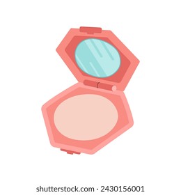 Compact powder skin color in a box with mirror and white sponge. Face care products. Hand drawn Beauty and makeup icon. Vector flat illustration for packaging, shops, web.