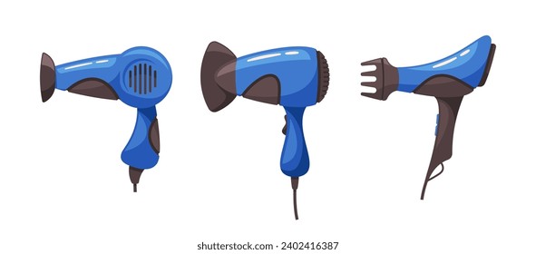 Compact And Powerful Hair Dryers Feature Multiple Heat Settings For Efficient Styling. Its Ergonomic Design, Vector Set