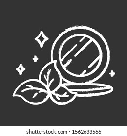 Compact pressed makeup powder chalk icon. Face skincare product. Mineral powder foundation. Bronser. Visage beauty aid item with mirror. Organic cosmetics. Isolated vector chalkboard illustration