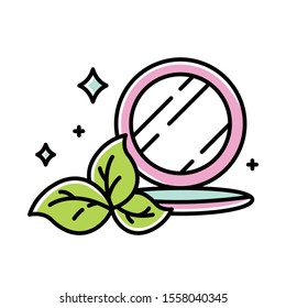 Compact pressed makeup powder color icon. Face skincare product. Mineral powder foundation. Bronser, highlighter. Visage beauty aid item with mirror. Organic cosmetics. Isolated vector illustration