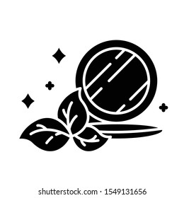 Compact pressed makeup powder glyph icon. Face skincare product. Mineral powder foundation. Visage beauty aid item. Organic cosmetics. Silhouette symbol. Negative space. Vector isolated illustration