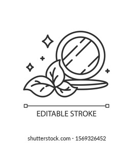 Compact pressed makeup powder linear icon. Face skincare product. Visage beauty aid item. Organic cosmetics. Thin line illustration. Contour symbol. Vector isolated outline drawing. Editable stroke