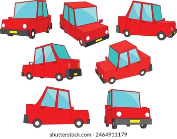 A compact, red cartoon car isolated on a white background, viewed from different angles.