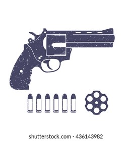 Compact Revolver, Handgun, Cylinder Of Revolver, Cartridge, Bullets, Gun Isolated On White, Vector Illustration