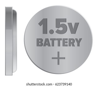 Compact round silver 1.5v battery isolated on white background. Qualitative energy container for small electronic devices. Mini galvanic appliance to support power content vector illustration.