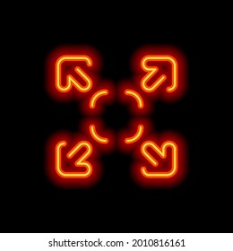Compact Size, change scale, resize picture, full screen, simple icon. Orange neon style on black background. Light linear icon with editable stroke